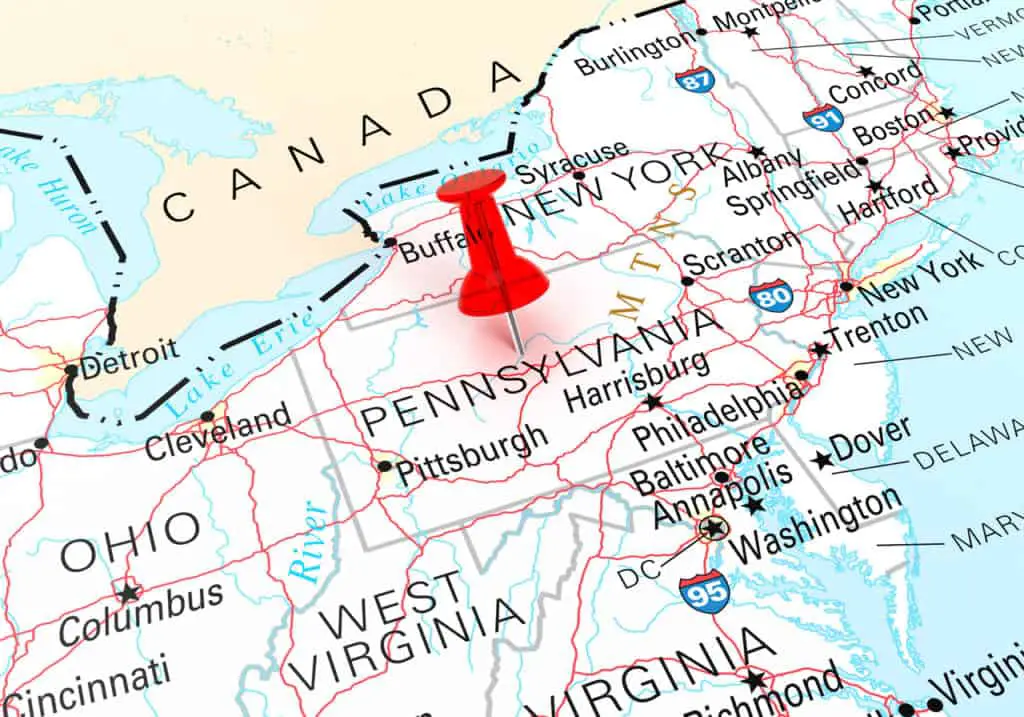 Red pin in Pennsylvania with view of New York